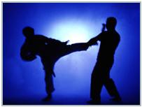 One taekwondo partner kicks another during training