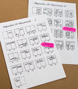 Thumbnail page layouts. Writers use keywords, and illustrators use sketches to suggest action and placement of text. 