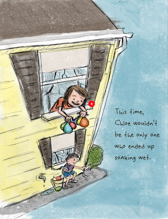 A smiling girl is about to drop water balloons from an upstairs window onto her brother.