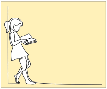 Outline of a girl leaning on a wall reading a book.