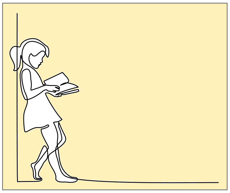 Outline of a girl leaning on a wall reading a book.