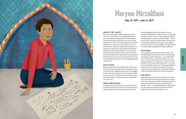 Illustration and biography of mathematician Maryam Mirzakhani