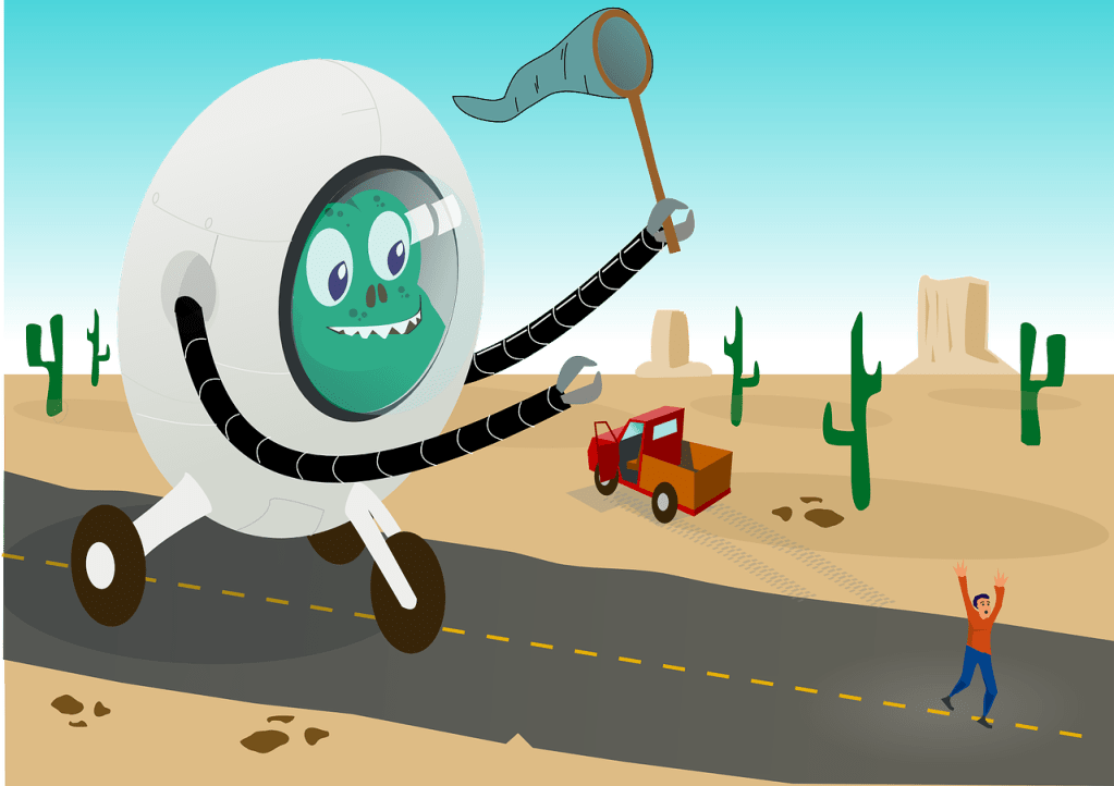 A giant green monster in a white pod vehicle chasing a man down the street