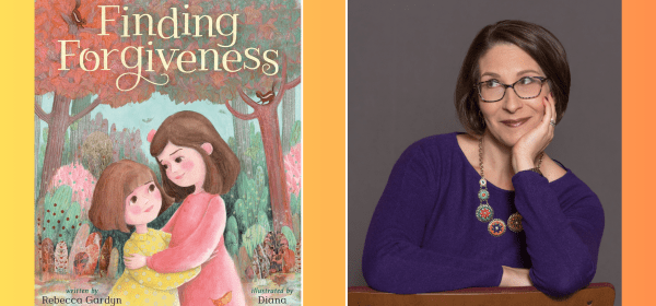 Two illustrated sisters are in a serious embrace in front of a fall setting for the cover of Finding Forgiveness on the left. On the right a woman wearing a blue shirt and statement necklace with chin length hair holds her head in her hand while smiling cheekily and looking off to the left.