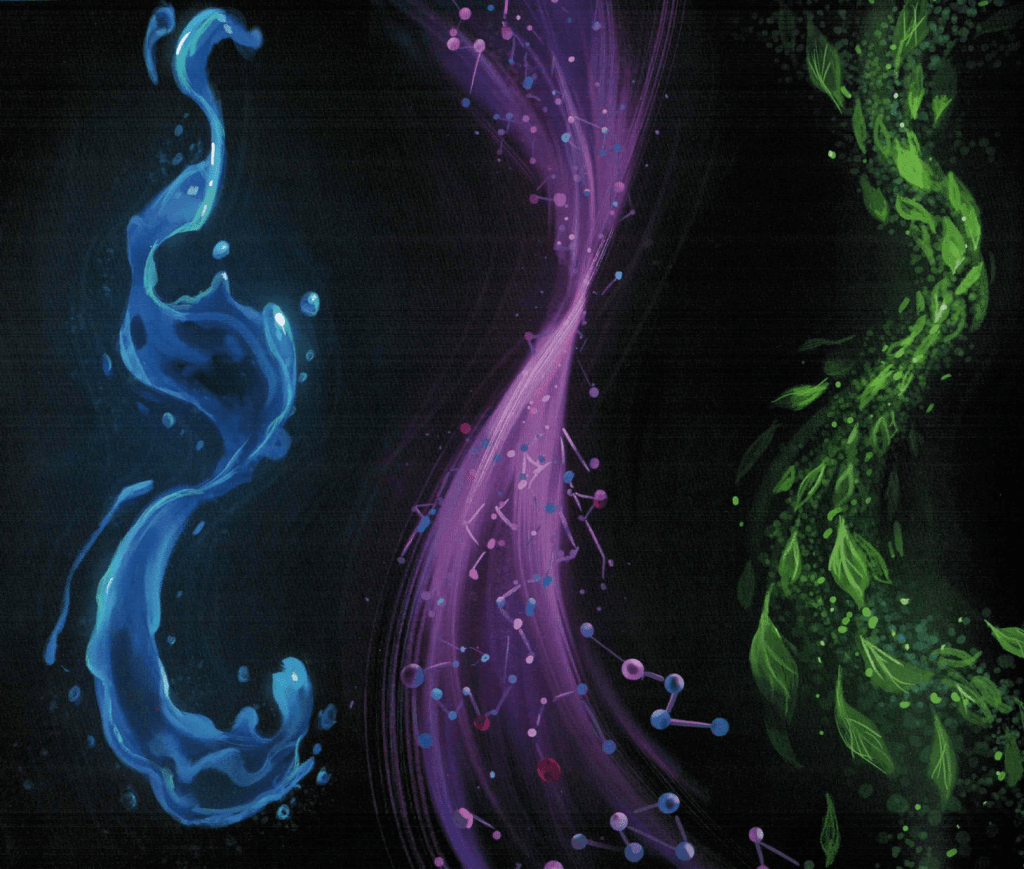 A page from Cassini's Mission showing three separate strands representing water, chemicals, and energy.