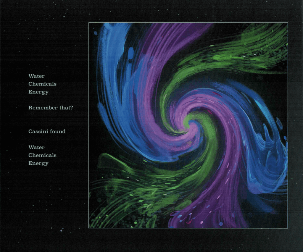 A page from Cassini's Mission showing strands representing water, chemicals, and energy swirling together.