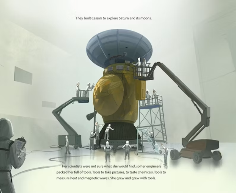A page from Cassini's Mission showing people working to build the space probe