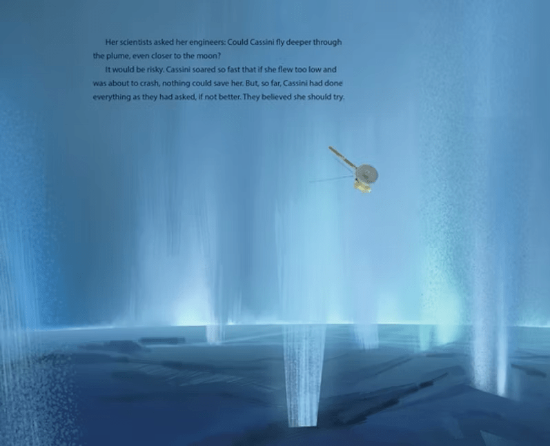 A page from Cassini's Mission showing the space probe above a sea of water vapor plumes.