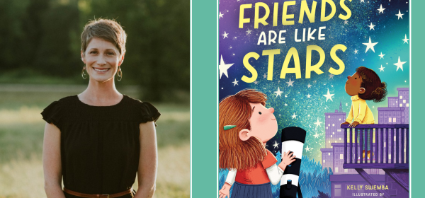 On the left, Kelly Swemba stands outdoors in a black, short sleeved shirt. She faces the camera with a smile. On the right is the cover for Friends Are Like Stars.