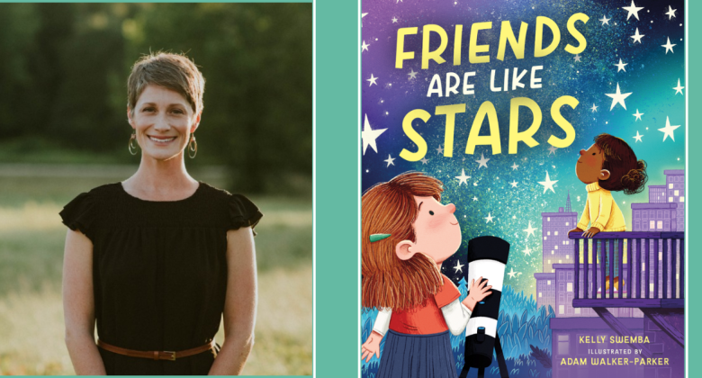 On the left, Kelly Swemba stands outdoors in a black, short sleeved shirt. She faces the camera with a smile. On the right is the cover for Friends Are Like Stars.