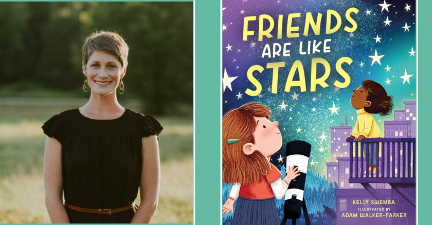 On the left, Kelly Swemba stands outdoors in a black, short sleeved shirt. She faces the camera with a smile. On the right is the cover for Friends Are Like Stars.