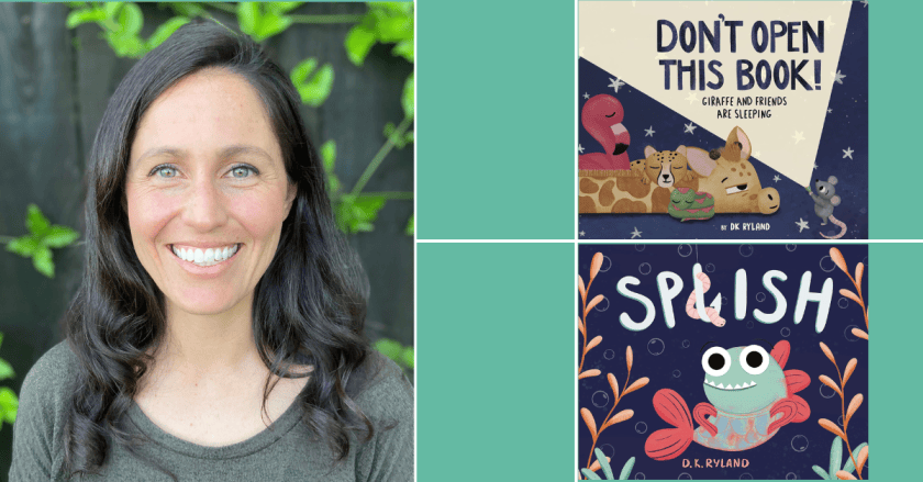 Author/illustrator DK Ryland on the left and the covers of Splish and Do Not Open this Book are on the right.
